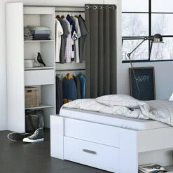 Demeyere Dressing Extensible Blanc Perle Avec Rideau Taupe -Mobilier Soldes armoire placard extensible avec rideau blanc perle 2