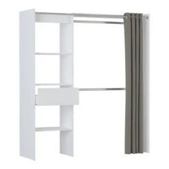 Demeyere Dressing Extensible Blanc Perle Avec Rideau Taupe -Mobilier Soldes armoire placard extensible avec rideau blanc perle 3