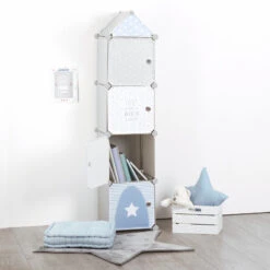 Colonne 4 Cases Enfant Gris Et Bleu Atmosphera 7 Colonne 4 Cases Enfant Gris Et Bleu Atmosphera -Mobilier Soldes colonne de rangement pour enfant grise 1