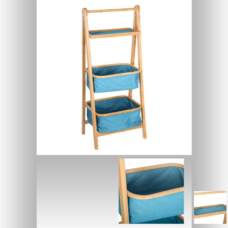 Colonne Pliante 2 Paniers Bleus Et 1 Plateau En Bambou 4 Colonne Pliante 2 Paniers Bleus Et 1 Plateau En Bambou – Image 2