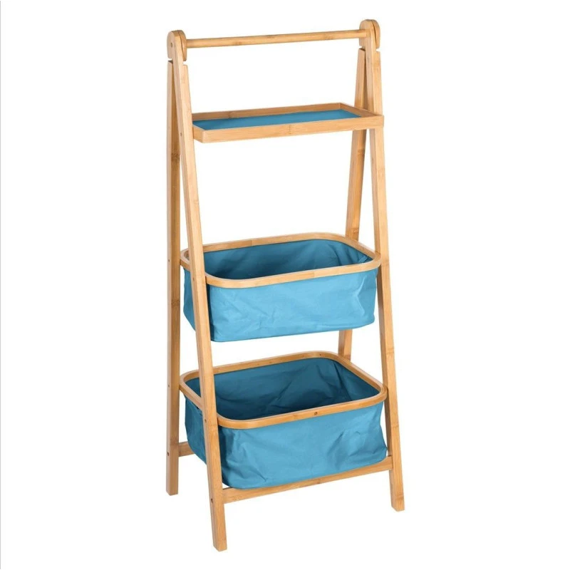 Colonne Pliante 2 Paniers Bleus Et 1 Plateau En Bambou 3 Colonne Pliante 2 Paniers Bleus Et 1 Plateau En Bambou