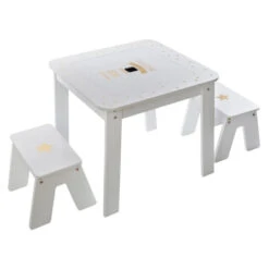 Ensemble Table + 2 Tabourets Enfant Blanc Doré Dream Atmosphera