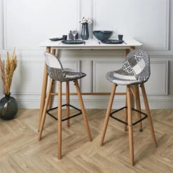 Tabouret De Bar Patchwork Gris Pieds Bois -Mobilier Soldes tabouret de bar patchwork gris pieds bois 4
