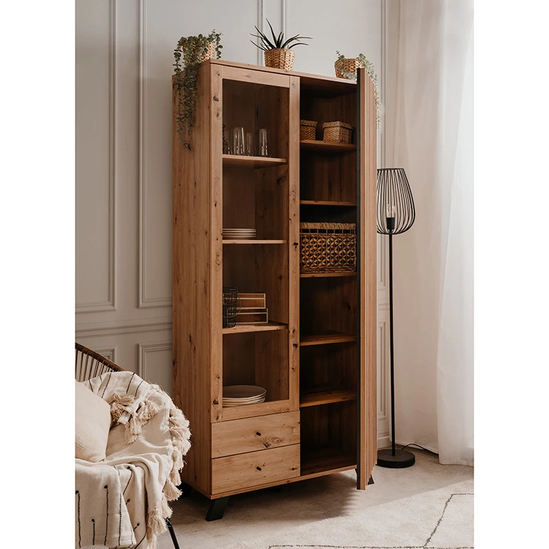 Vitrine 2 Portes 2 Tiroirs Coloris Chêne/anthracite Medan 5 Vitrine 2 Portes 2 Tiroirs Coloris Chêne/anthracite Medan – Image 3