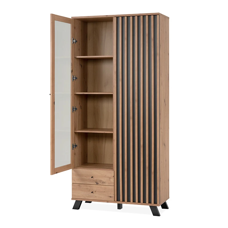 Vitrine 2 Portes 2 Tiroirs Coloris Chêne/anthracite Medan 6 Vitrine 2 Portes 2 Tiroirs Coloris Chêne/anthracite Medan – Image 4